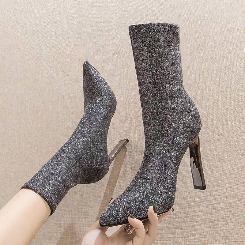 Women's Winter Boots Sexy Pointed Toe Elastic Ankle Boots High Heels Boots Woman Female Boots