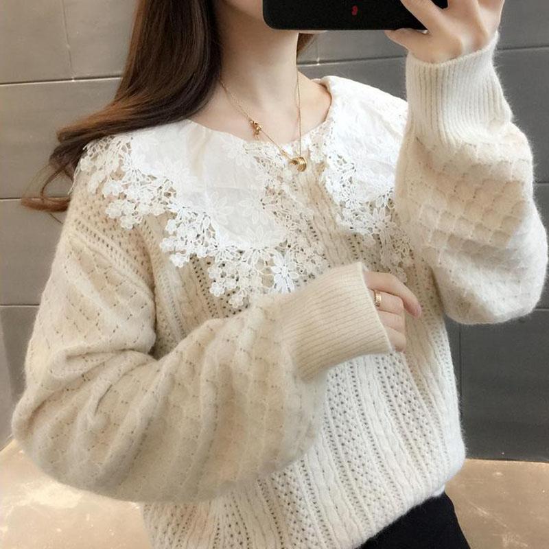 Spring and Autumn Loose Sweater Outer Wear Doll Collar Knitted Top Cute Style Lace Collar Female Sweater