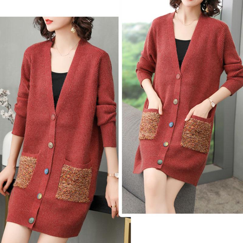 Spring and Autumn Mid-length Wool Sweater Plus Size Fashion Embroidered Blouse Simple Cardigan Middle-aged Women Jacket