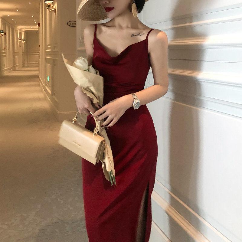 Spring Autumn Bottoming Skirt Retro Acetate Silk Satin Red Suspender Dress Waist Thin Temperament Wild Long Skirt