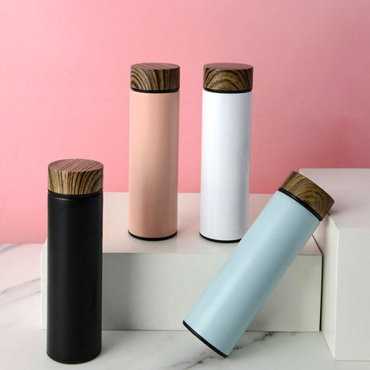 Portable Fashion Thermos Water Bottle for Women Vacuum Flask Stainless Steel Wooden Pattern Lid Water Cup Thermos for Tea
