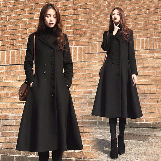 Coat Female 2019 Black Long Paragraph Over The Knee Coat Winter Double-breasted Woolen Coat Jacket