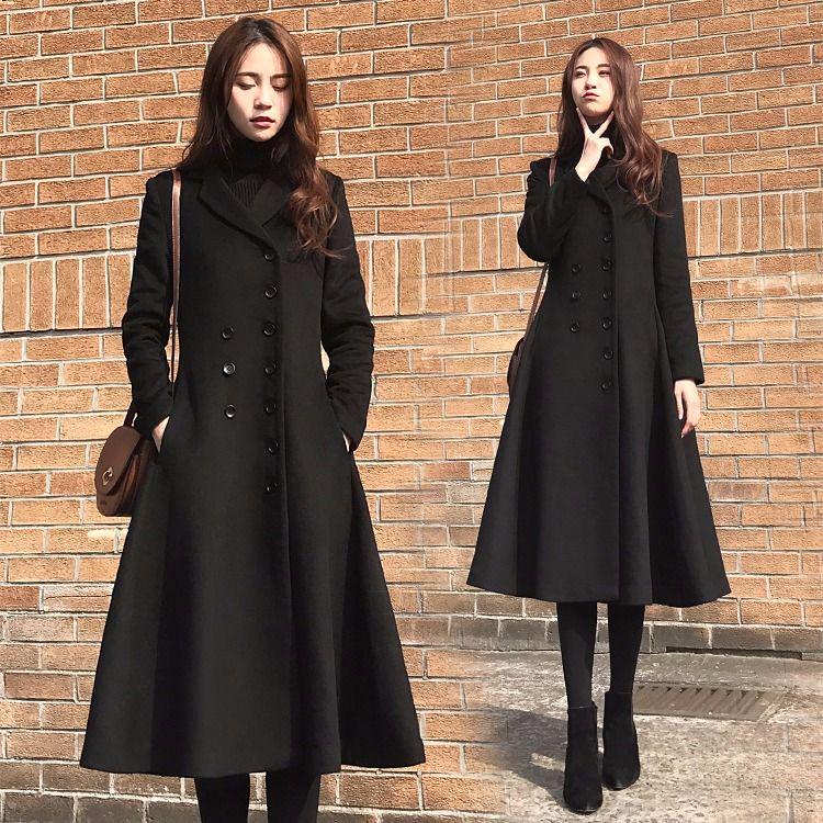 Coat Female 2019 Black Long Paragraph Over The Knee Coat Winter Double-breasted Woolen Coat Jacket