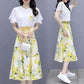 Women's Summer Clothing Set Elegant Butterfly Sleeve Chiffon Top High Waist Printed A-Line Hip Dress Two Piece Set Summer Plus Size Beach Dress Suit