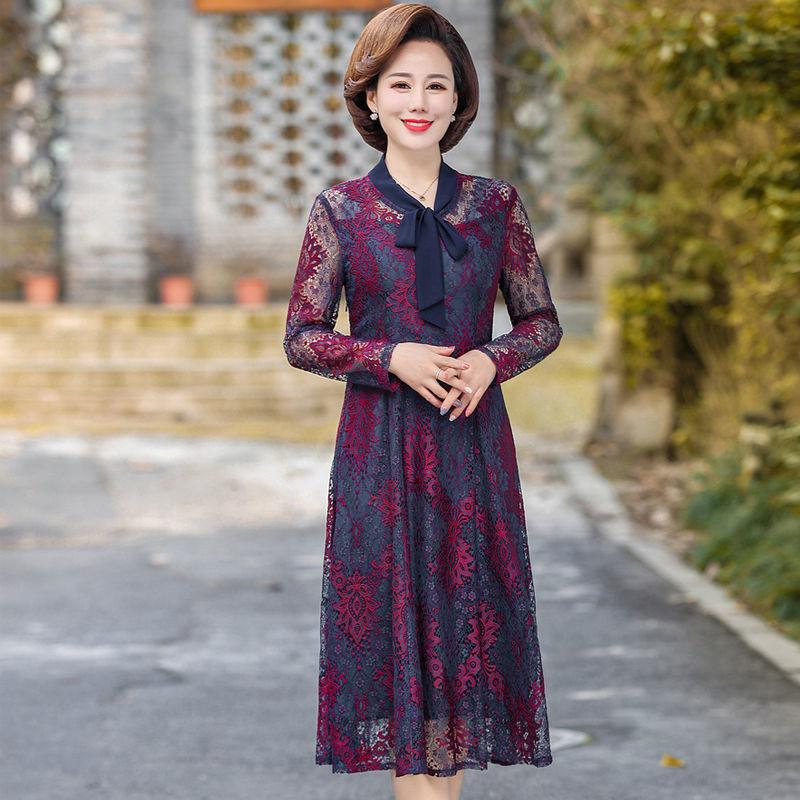 Spring Summer New Lace Dress Mid-length Over-the-knee Skirt Casual All-match Waist Waist Slim Long-sleeved Skirt