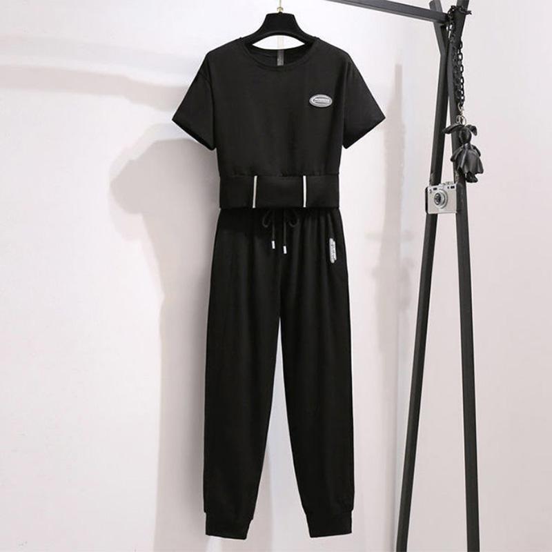 Sports Suit Women's Summer Casual Solid Color Short-sleeved Short Loose T-shirt Waist Nine-point Pants Two-piece Set