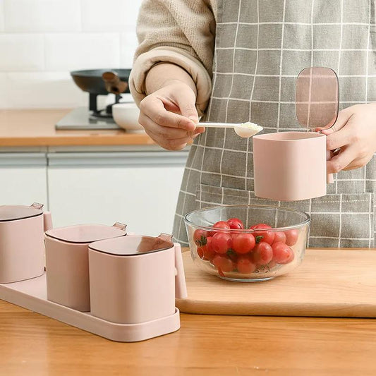 Home & Kitchen 3 Grids Separable Transparent Kitchen Sugar Spice Salt Jar Seasoning Storage Box