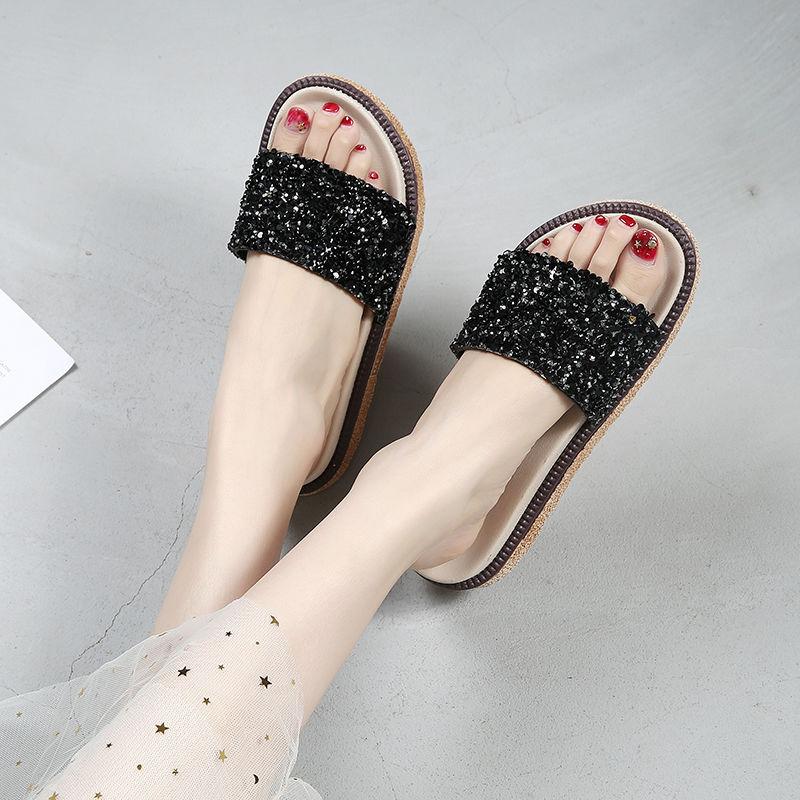 Slippers Women’s Summer Fashion Outer Wear Sponge Cake Thick Bottom Flip Flops Sequins Sandals Flat Sandals Beach Shoes