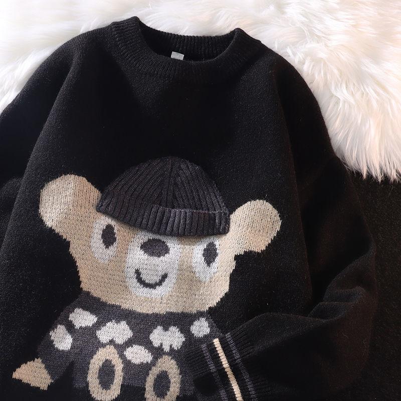 White Sweater Men's Loose Lazy Spring and Autumn Loose Couple Knitted Woolen Coat Retro Japanese Bear Sweater