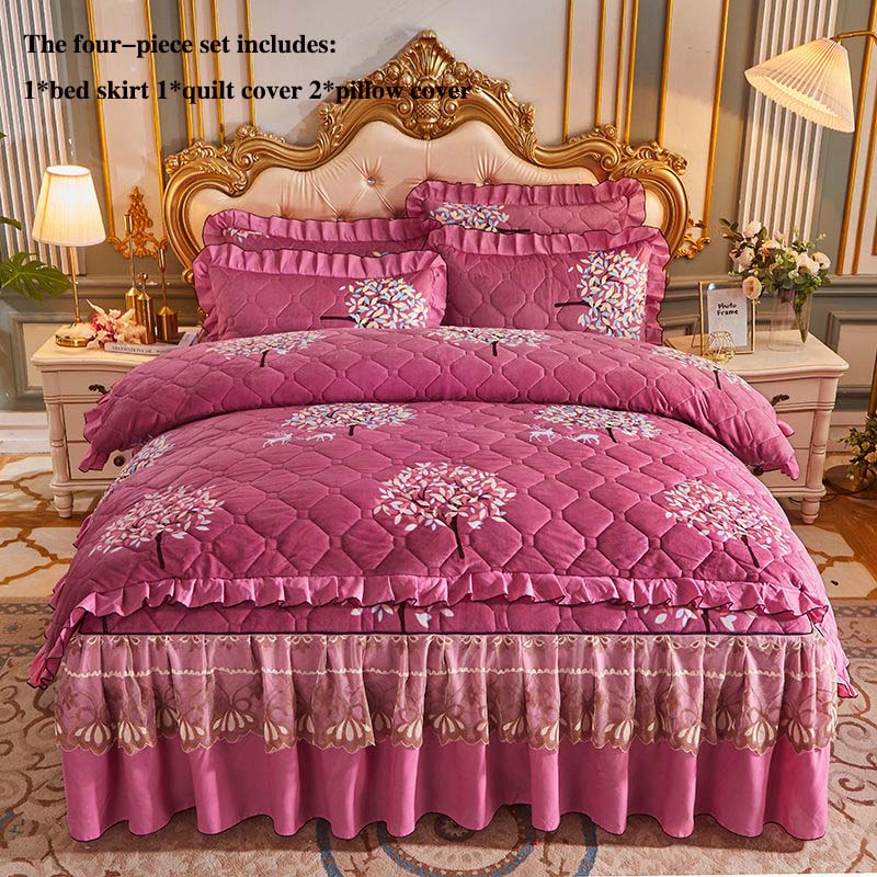 Quilted Crystal Velvet Bed Skirt Four-piece Thick Plus Cotton Bedspread Duvet Cover Bedding Set