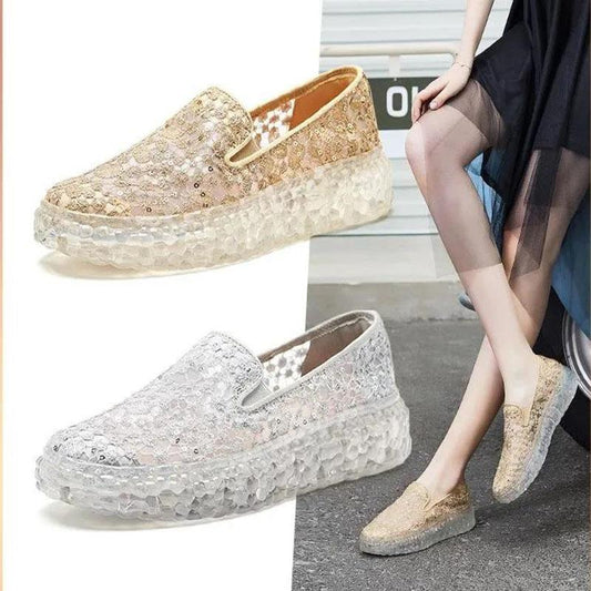 Platform Crystal Women's Shoes Summer One-step Lace All-match Loafers Casual Breathable Shoes