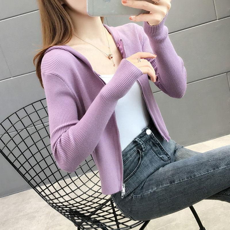 Spring and Autumn Knitted Cardigan Sweater Short Hooded Slim Top Solid Color Zipper Female Jacket