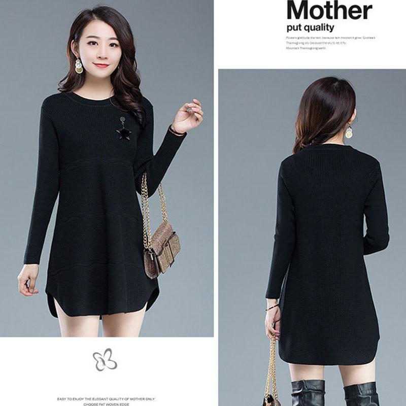 Autumn Winter Knit Casual Dress In Pure Color Long Sleeve Bottom Skirt Simple Middle-aged Women Wool Dress