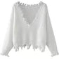 Loose Casual Solid Color Irregular Sweater Fashion Chic Tassel V-neck Long-sleeved Knit Pullover