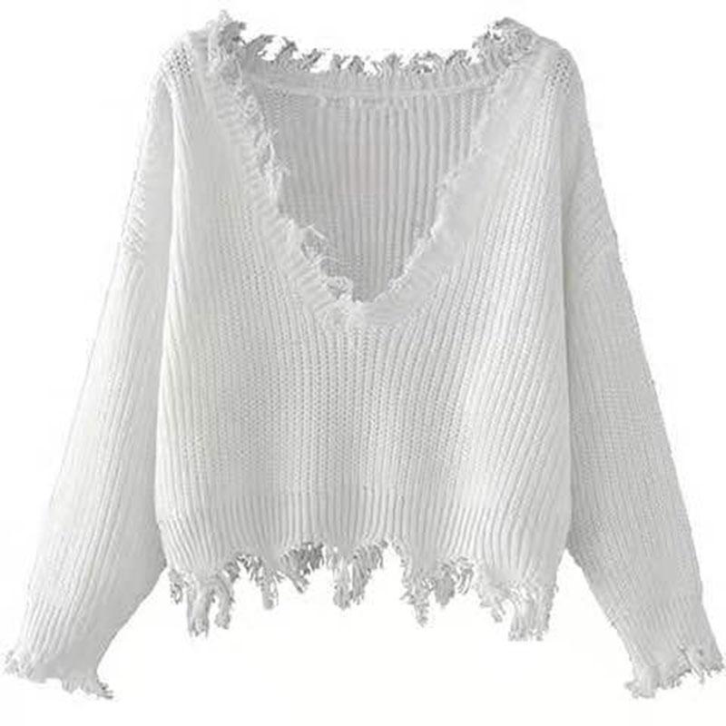 Loose Casual Solid Color Irregular Sweater Fashion Chic Tassel V-neck Long-sleeved Knit Pullover
