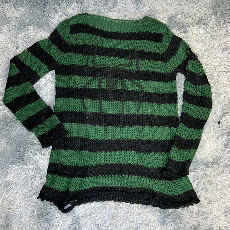 Punk Gothic Long Sweater Dress Plus Size Hollow Out Hole Destroy Pullover Jumper New Oversized Hip Hop Harajuku Striped Sweaters Hip Hop Streetwear