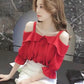 Sling One-shoulder Blouse Women's Ruffled Mid-sleeve Off-shoulder Shirt Chiffon Shirt Off-shoulder Sling Shirt Sweet and Cute