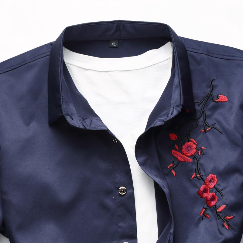 Thin Chinese Style Men's Long-sleeved Embroidered Flower Shirt Plus Fat Plus Size Youth Loose Casual Shirt