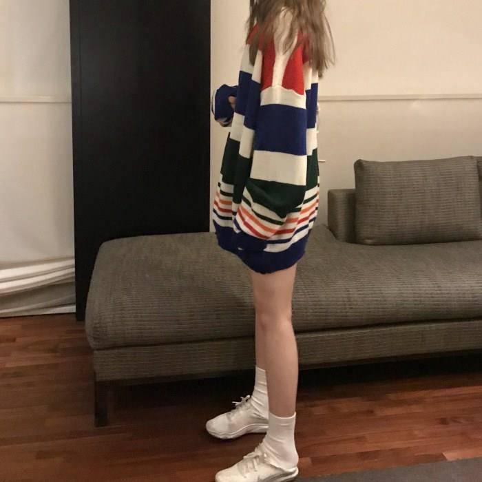 Pofulove Autumn Winter Color Striped Sweater Women Long Round Neck Students Loose Pullover Coat