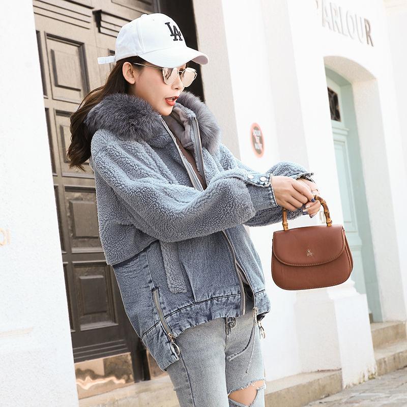 Autumn and Winter Cotton Coat Short Cowgirl Plus Velvet Thick Big Fur Collar Fur One Lamb Wool Coat