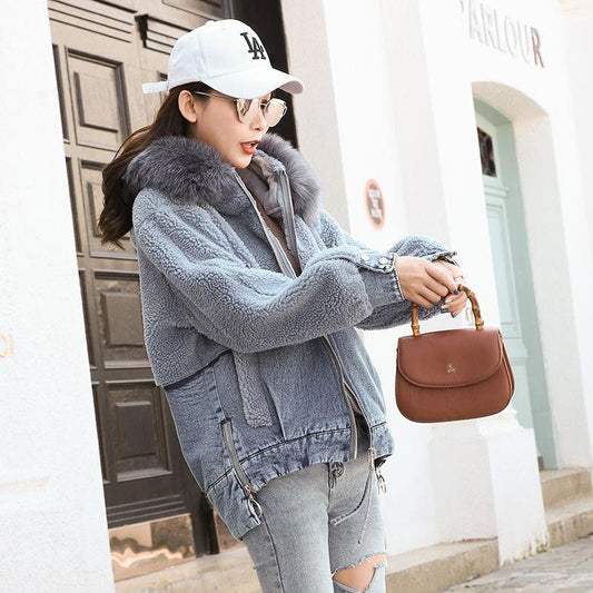 Autumn and Winter Cotton Coat Short Cowgirl Plus Velvet Thick Big Fur Collar Fur One Lamb Wool Coat