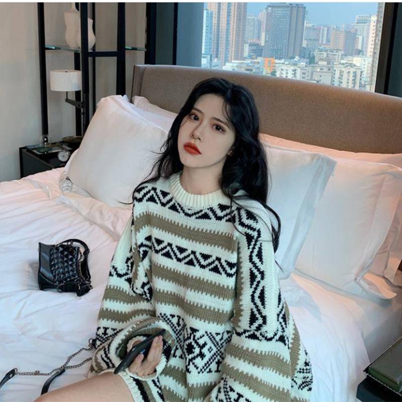 Pofulove autumn and winter loose sweater jacquard long-sleeved thick round neck sweater women