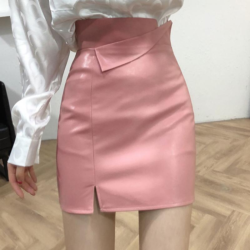 Women's Sexy Leather Skirt Glossy PU leather short Solid zipper Split A-line Skirts