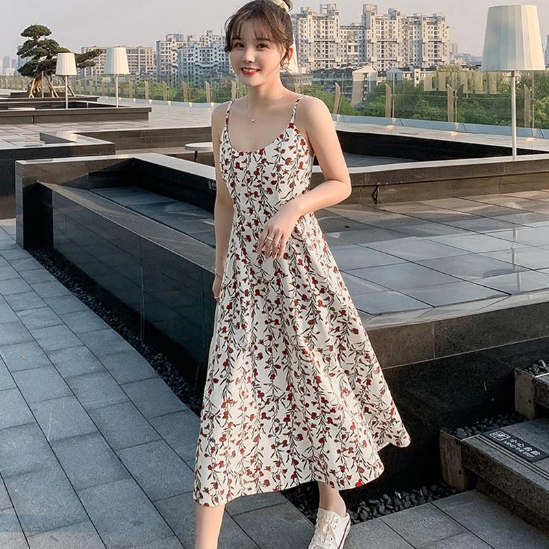Floral Sling Dress Artificial Ice Silk Fabric Cool and Breathable A-line Skirt Mid-length Skirt Slim Female Sling Halter Dress