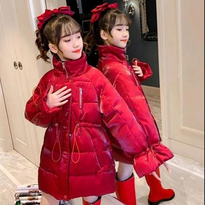 Girls' Cotton-padded Clothes Winter Children's Clothes Foreign Style Beautiful Red Girls' Down Jackets Plus Velvet Thickening Children Jackets