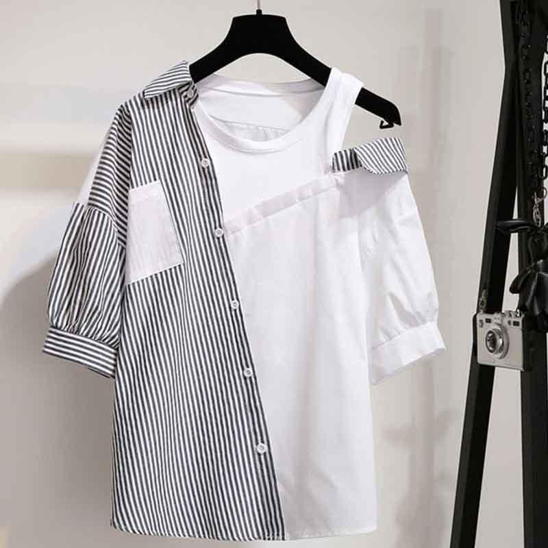 S-XL Summer Women Sexy O-neck Off Shoulder Irregular Striped T-shirt+Denim Shorts 2pcs Office Lady Slim T-shirt Button Shorts Suits