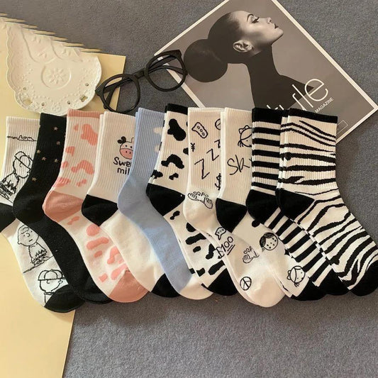 Five Pairs of Women's Socks Korean Cute Zebra Pattern Socks Student Sports Stockings