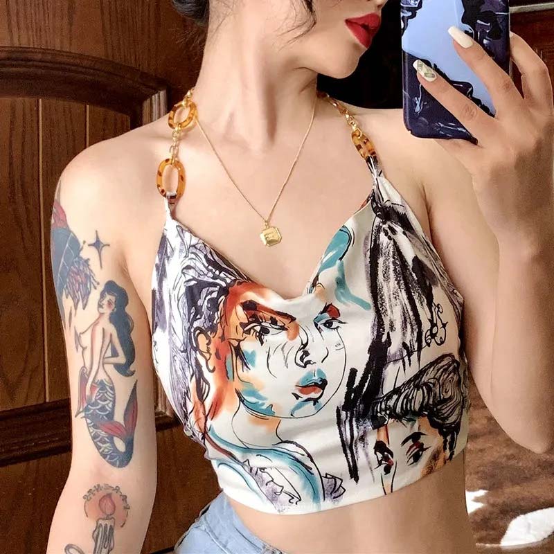 Street Style Face Print Lace-up Halter Vest Women's Summer Sexy Beauty Back Crop Top Beaded Strap Camisole Sleeveless Beach Wear Cool Steetwear Top