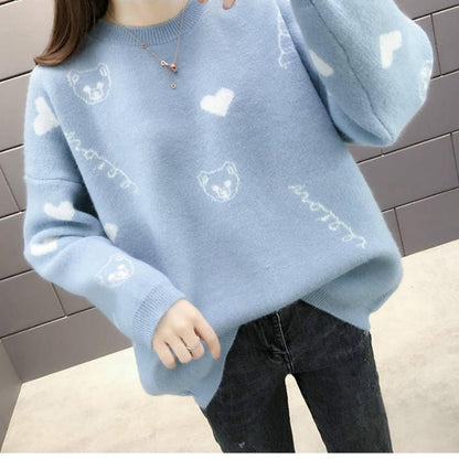Autumn Winter Warm Loose Cute Sweater Girl Pullover Round Neck Long Sleeved Sweater