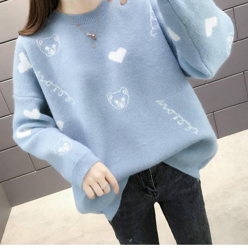 Autumn Winter Cute Pattern Loose Sweater Schoolgirl Pullover Round Neck Long Sleeve Sweater