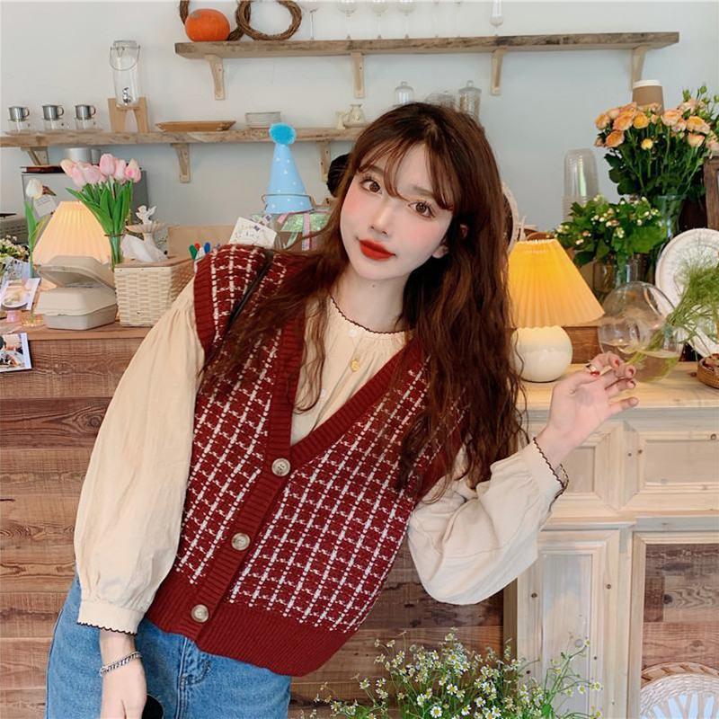 Retro Pattern Knit Sweater V-neck All-match Vest Vest Top Loose Loose Outer Wear Cardigan Sweater Jacket Sweet and Cute