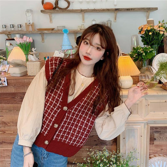 Retro Pattern Knit Sweater V-neck All-match Vest Vest Top Loose Loose Outer Wear Cardigan Sweater Jacket Sweet and Cute