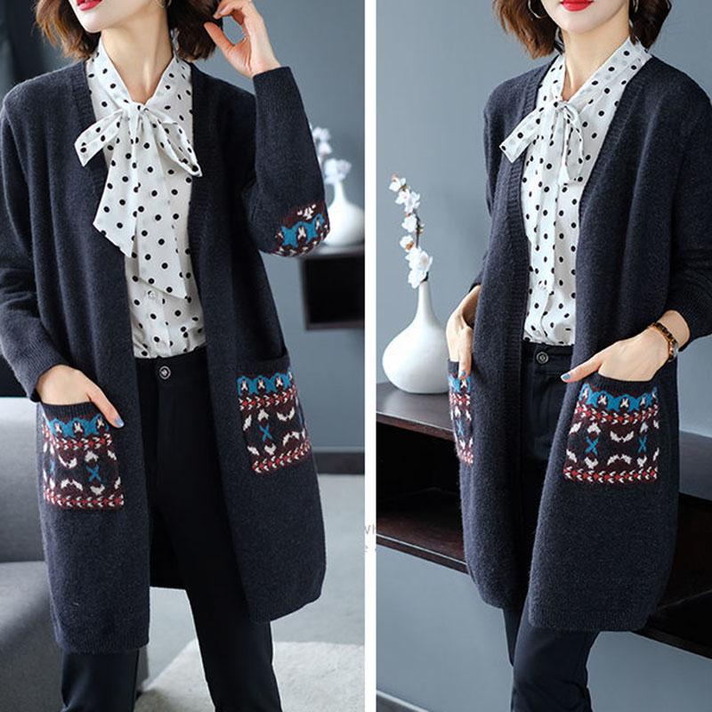 Spring and Autumn Mid-length Knitted Sweater Cardigan Loose All-match Jacket Simple Embroidered Female Jacket