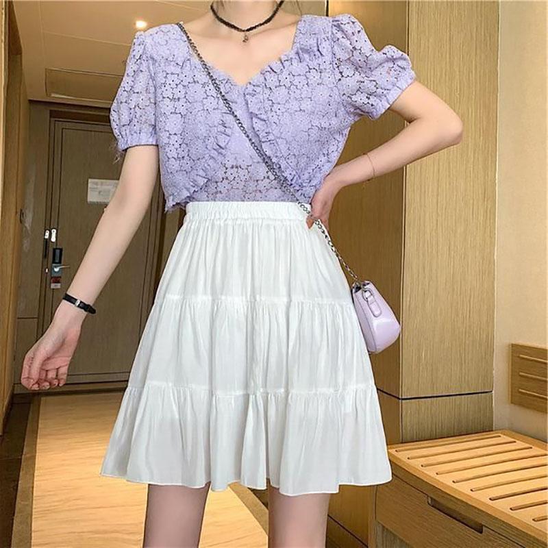 Woman Skirts Girls Casual A-line Skirt Solid Color Mini Skirts Summer Female Elastic High Waist Pleated Skirt Loose Ball Gown