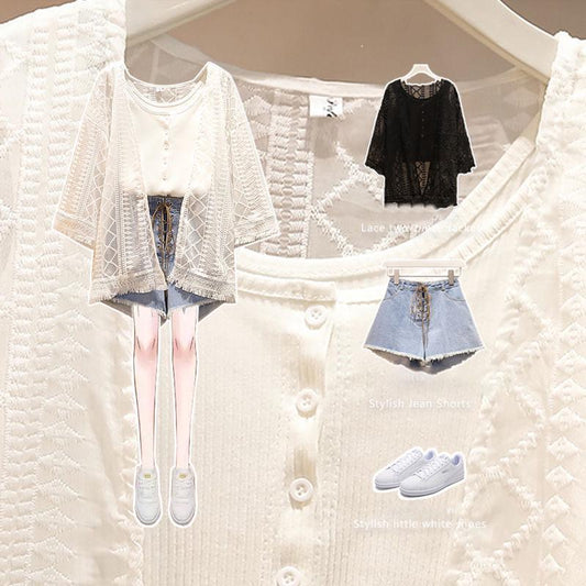 Fashion Plus Size 2 Piece Set Women Summer Hollow Lace Shirt Tops Vest Denim Shorts Three-piece Set