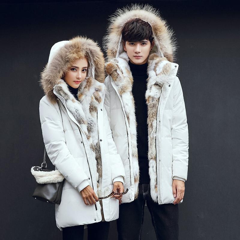 Fashion Big Fur Collar Couple Wear Down Jacket  Mid-length Plus Velvet Thickening Slim Plus Size Winter Jacket