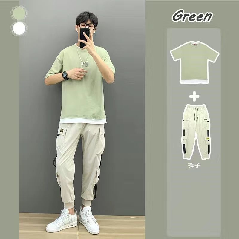 Summer Boys' Suit with Short-sleeved T-shirt and Loose Overalls