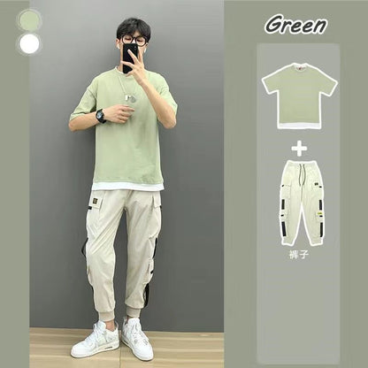 Summer Boys' Suit with Short-sleeved T-shirt and Loose Overalls