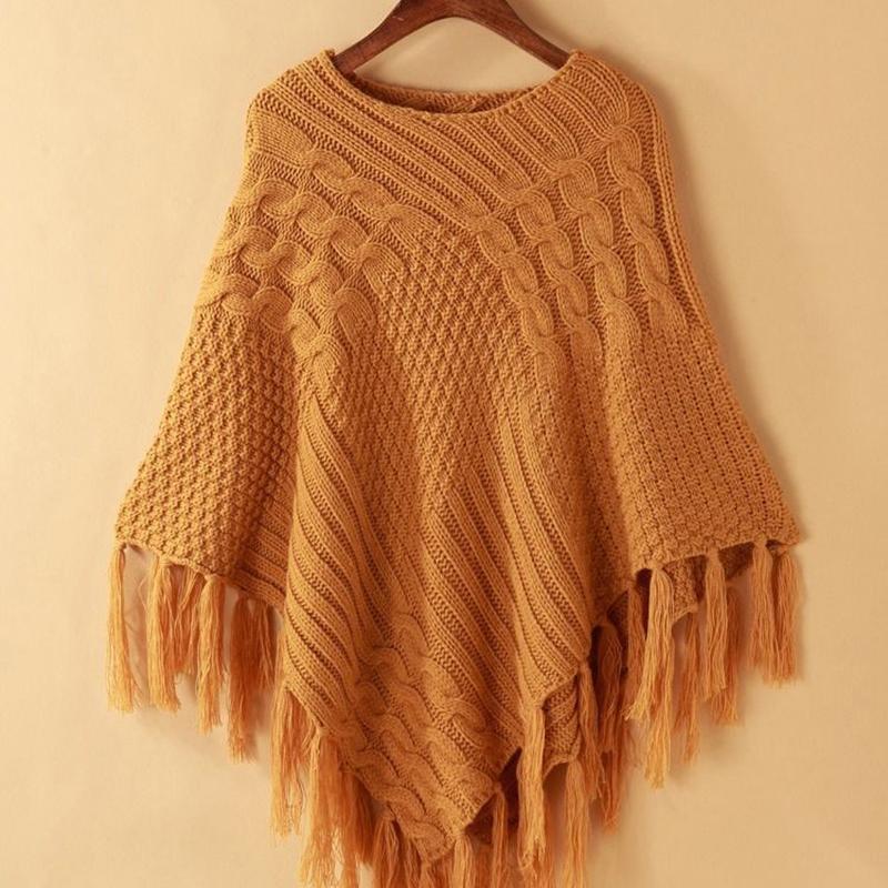 Sweater Women Spring and Autumn Hollow Knit Top Women Round Neck Cloak Shawl Loose Sweater Large Size Tassel Sweater Coat Comfortable Wrap