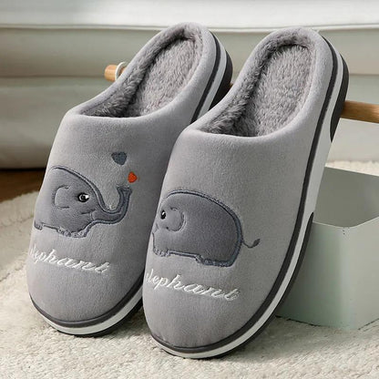 Women Winter Slippers Cute Elephant Embroidery Plus Size Cotton Shoes Men Home Indoor Casual Slippers Blue Pink Slippers Thick Fleece Warm Non Slip