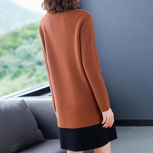 Autumn Winter High Quality Contrast Color Sweater Dress Women Knit Dress Long Loose Pullover Sweater Dress with Pockets for Inner or Outer Wear