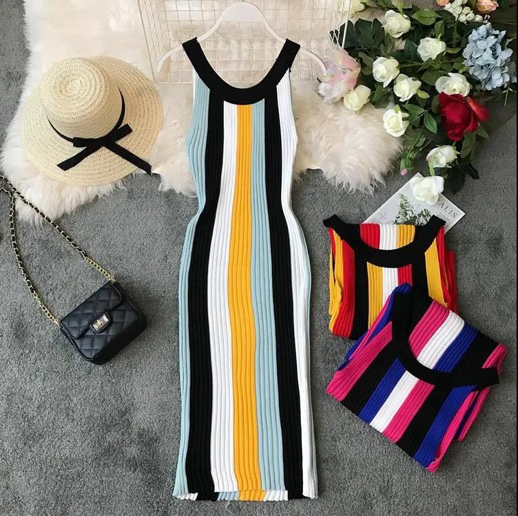 Women's Round Neck Sleeveless Halter Neck Dress Striped Knitted Dress Elastic Slim Bodycon Dress for Party
