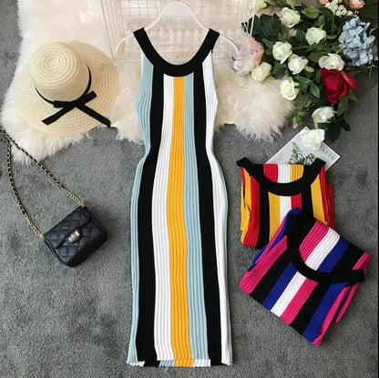 Women's Round Neck Sleeveless Halter Neck Dress Striped Knitted Dress Elastic Slim Bodycon Dress for Party