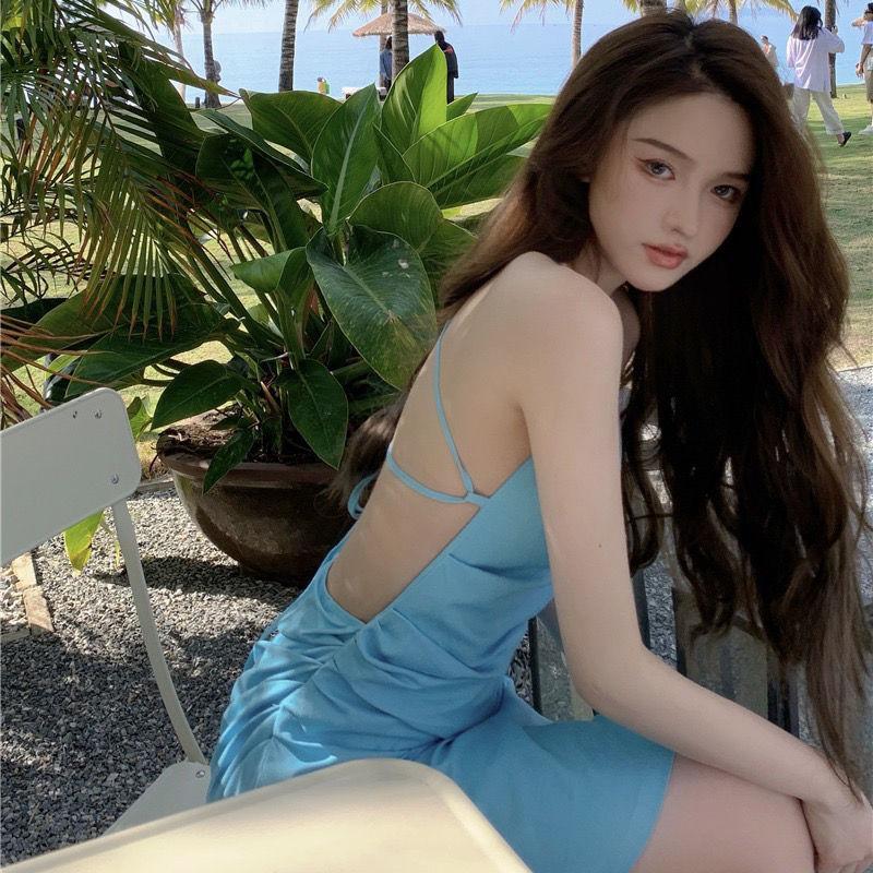 Female Vintage Slim Backless Suspender Beach Dress Elegant Casual High Waist Short Holiday Dress