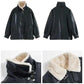 Women Winter Coat Loose Warm Faux Fur Collar Flocking Leather Jacket Windproof  Short Black PU Leather Jacket