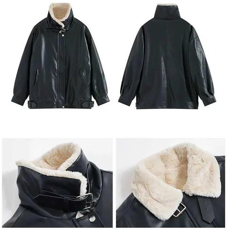 Women Winter Coat Loose Warm Faux Fur Collar Flocking Leather Jacket Windproof  Short Black PU Leather Jacket